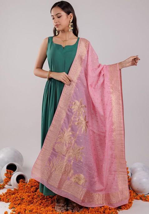 Green Solid Blended Anarkali Set — view on Indya