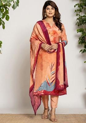Peach Printed Silk Kurta Set