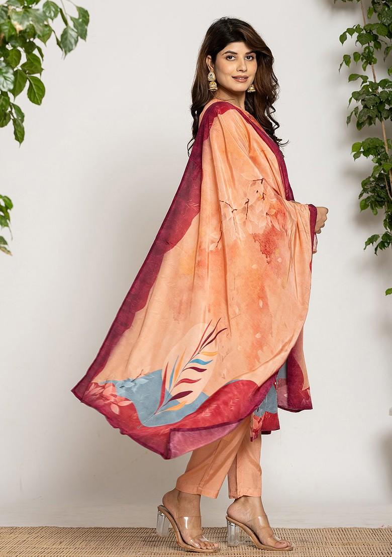 Peach Printed Silk Kurta Set