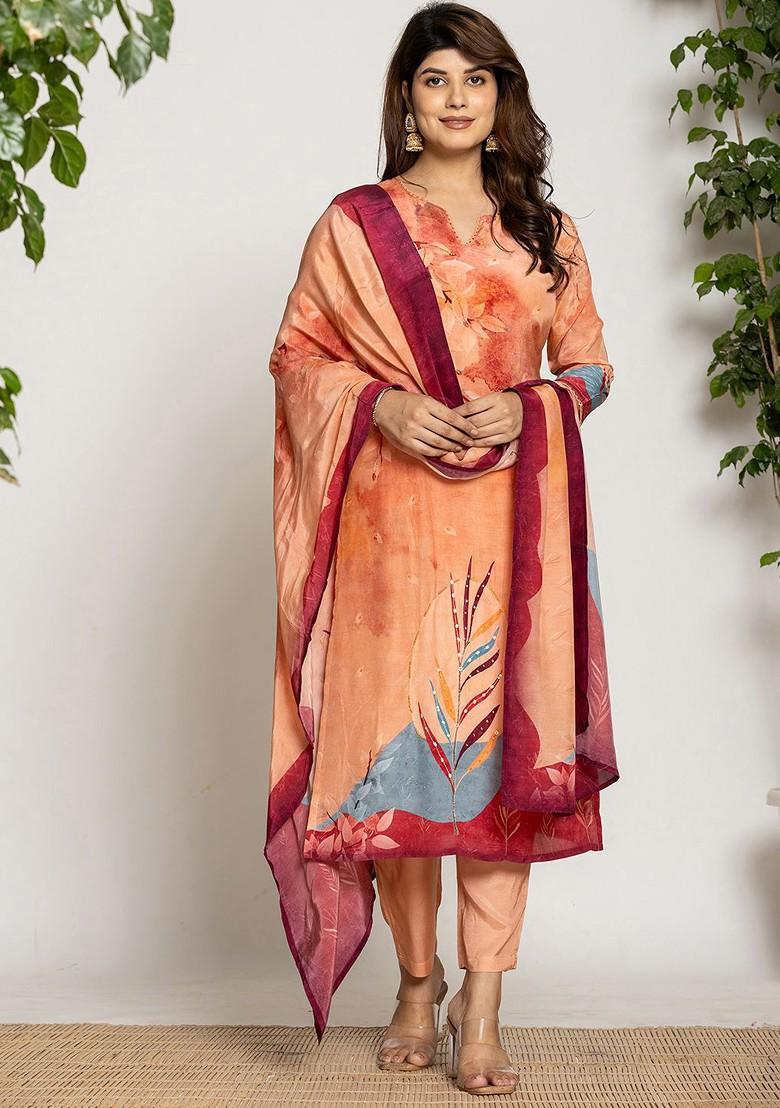 Peach Printed Silk Kurta Set
