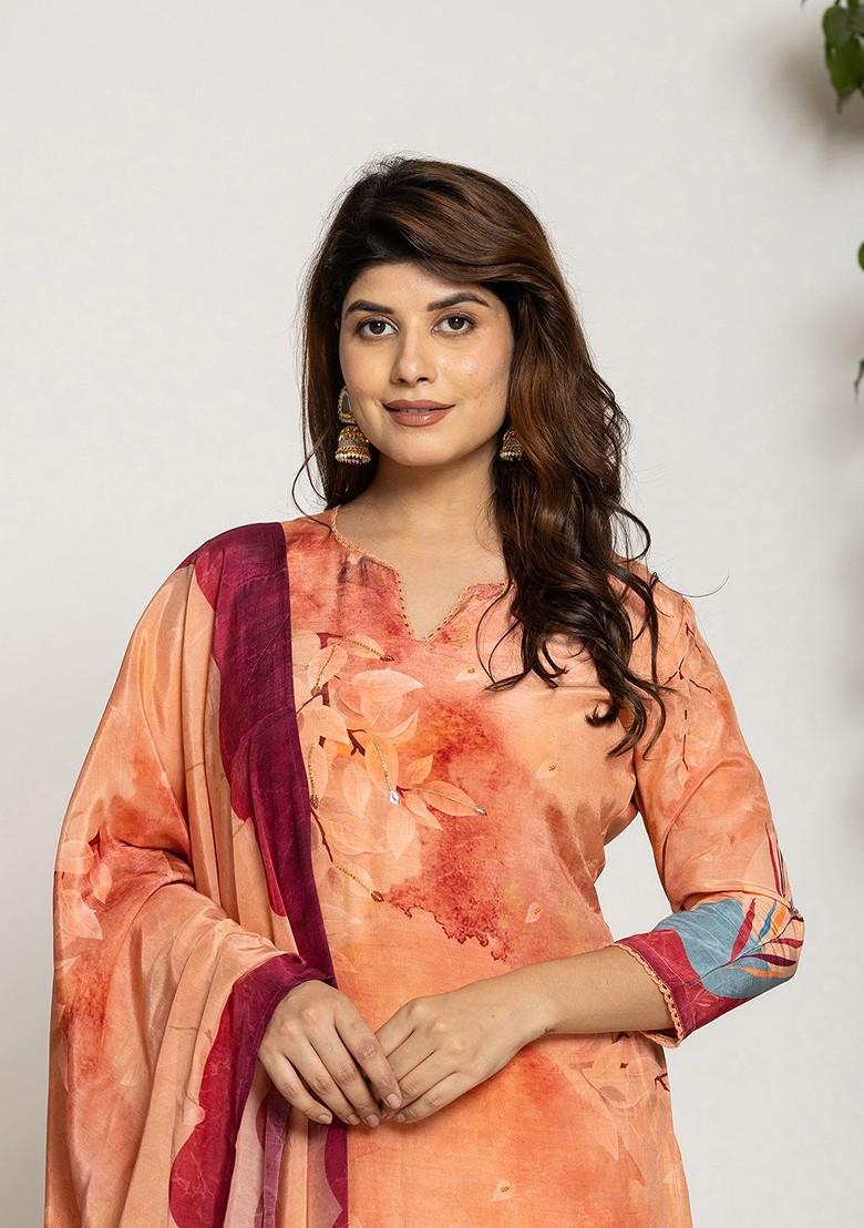 Peach Printed Silk Kurta Set