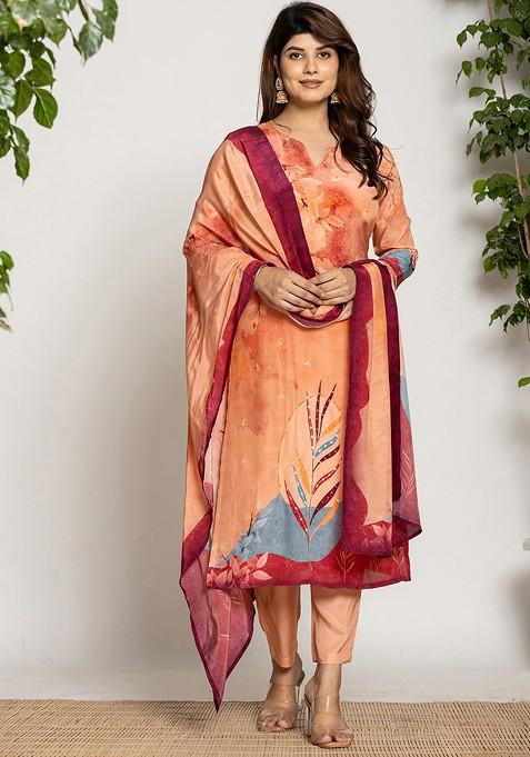Peach Printed Silk Kurta Set