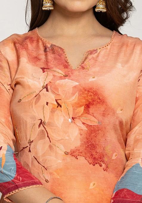 Peach Printed Silk Kurta Set