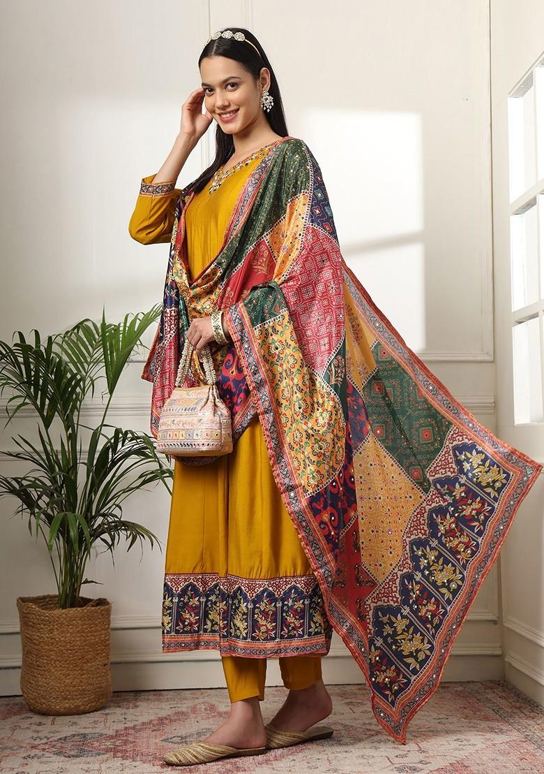 Yellow Embroidered Poly Blend Kurta Set