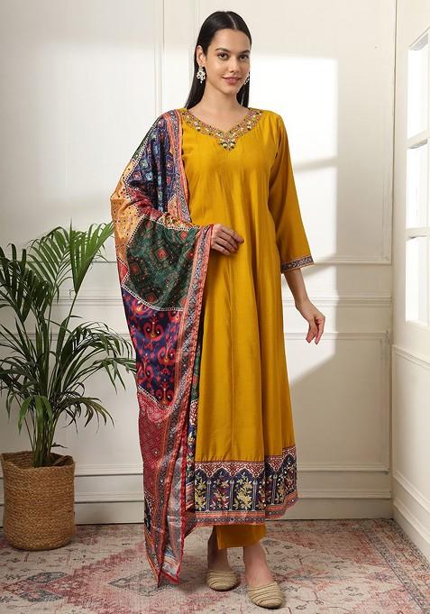 Yellow Embroidered Poly Blend Kurta Set