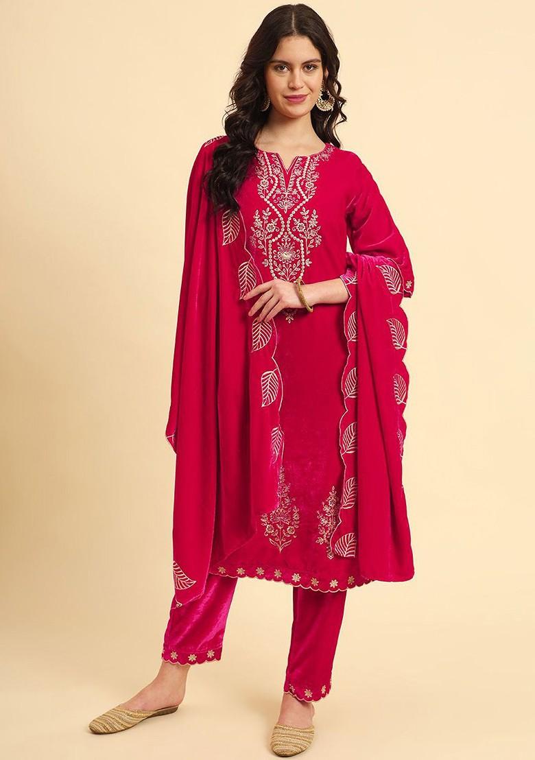 Pink Embroidered Poly Blend Kurta Set