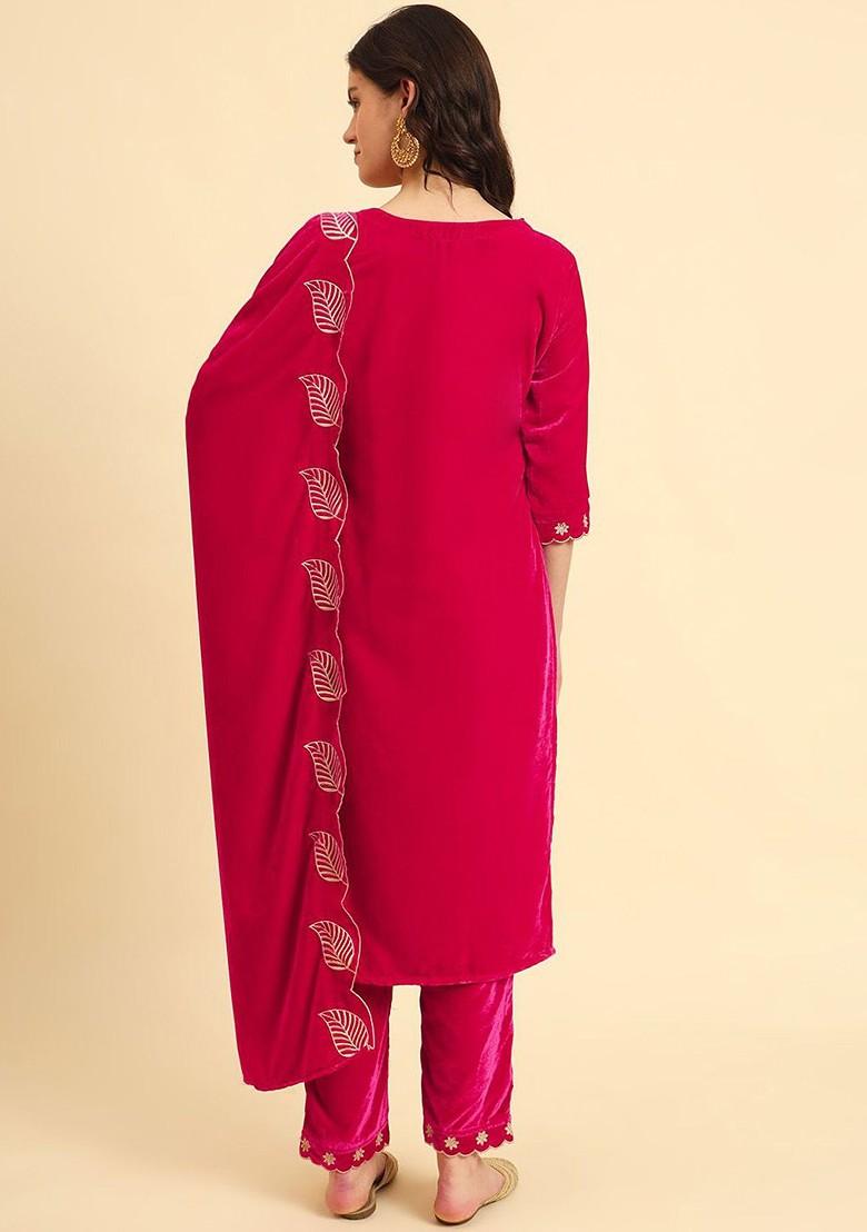 Pink Embroidered Poly Blend Kurta Set
