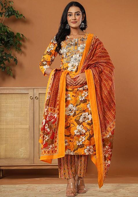 Yellow Embroidered Cotton Kurta Set