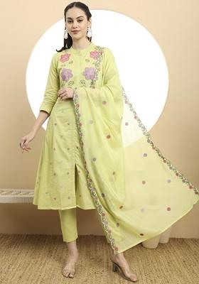 Green Embroidered Cotton Kurta Set