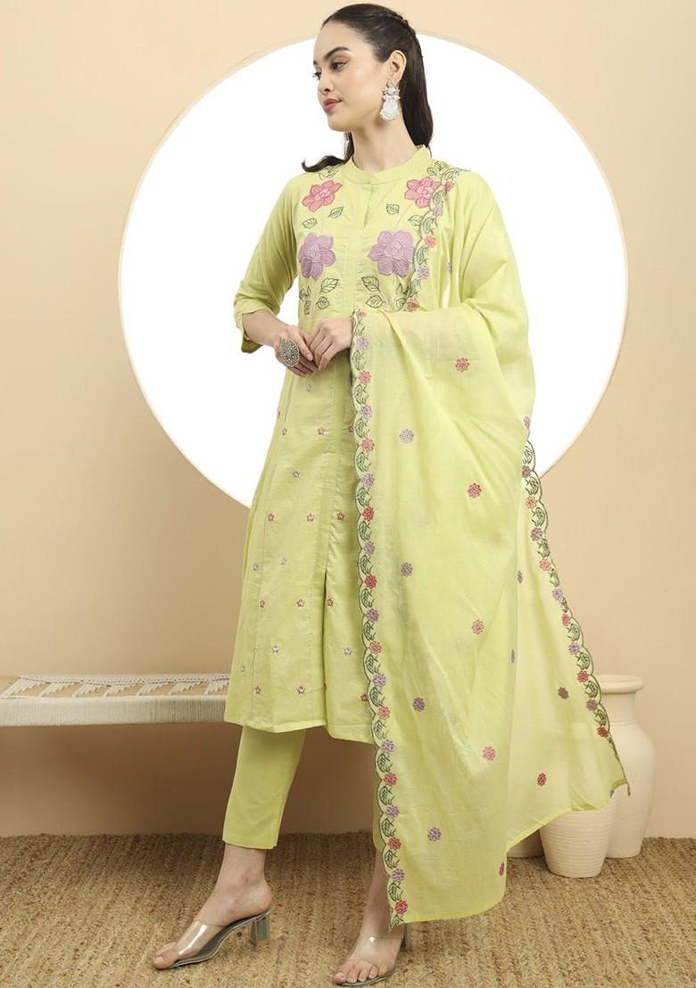 Green Embroidered Cotton Kurta Set