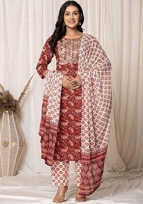 Maroon Printed Cotton Kurta Set