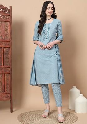 Blue Embroidered Cotton Kurta Set