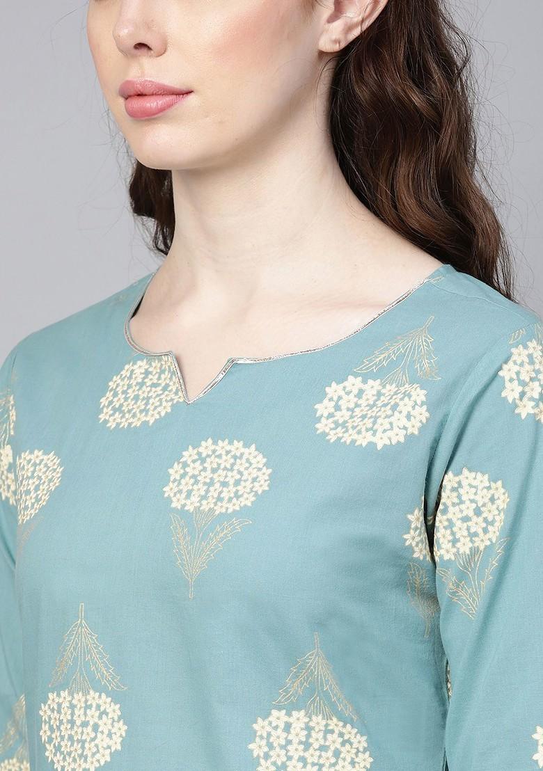 Blue Printed Poly Blend Kurta Set