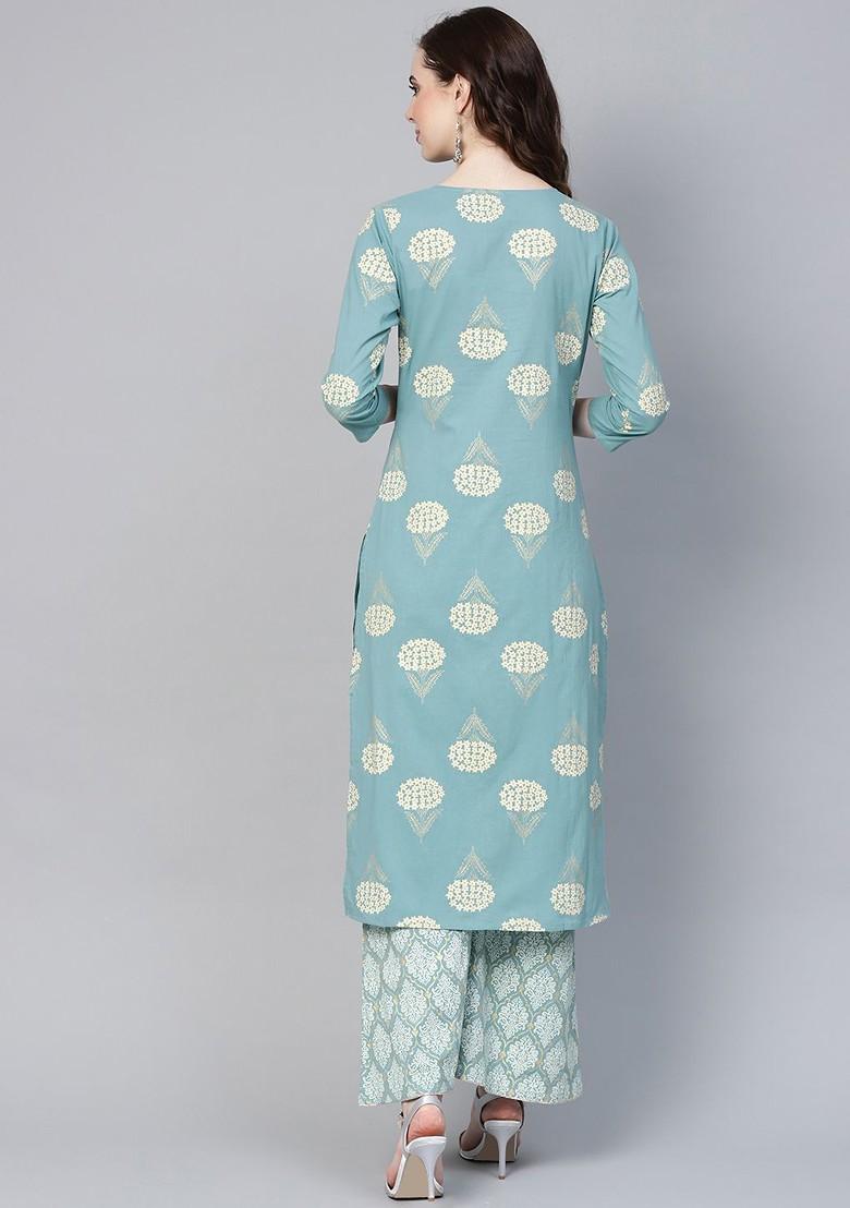 Blue Printed Poly Blend Kurta Set