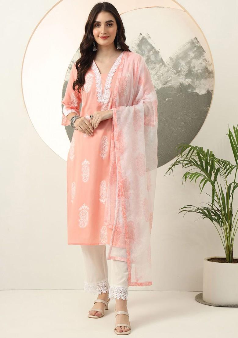 Peach Printed Cotton Kurta Set