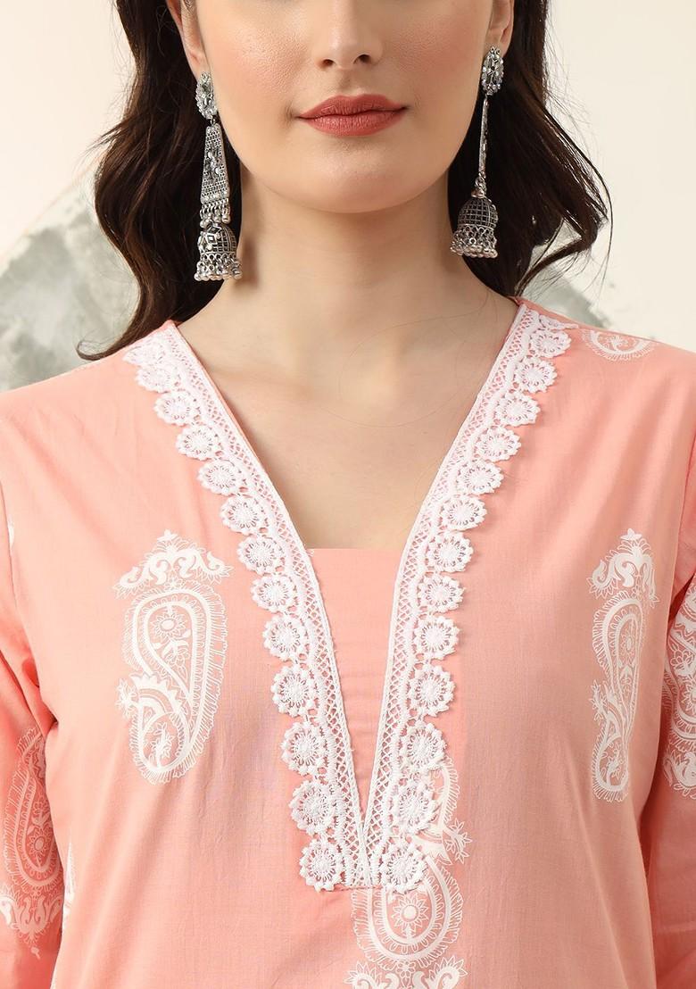 Peach Printed Cotton Kurta Set