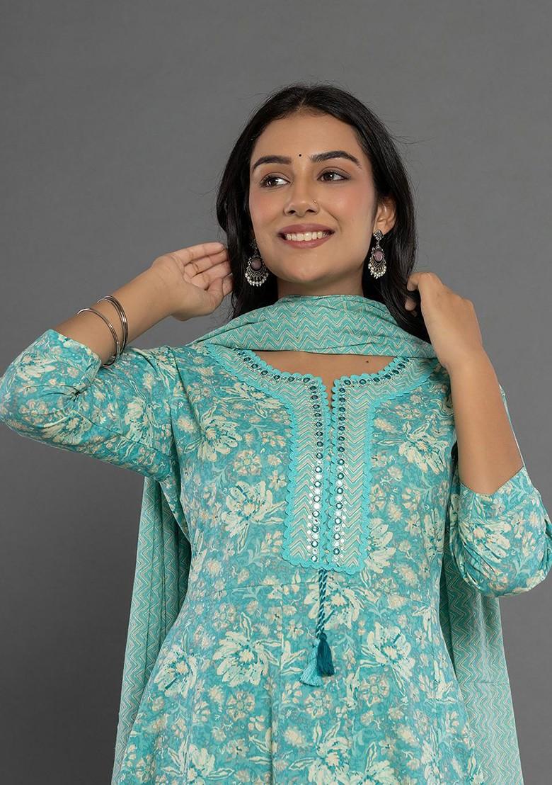 Blue Printed Cotton Kurta Set