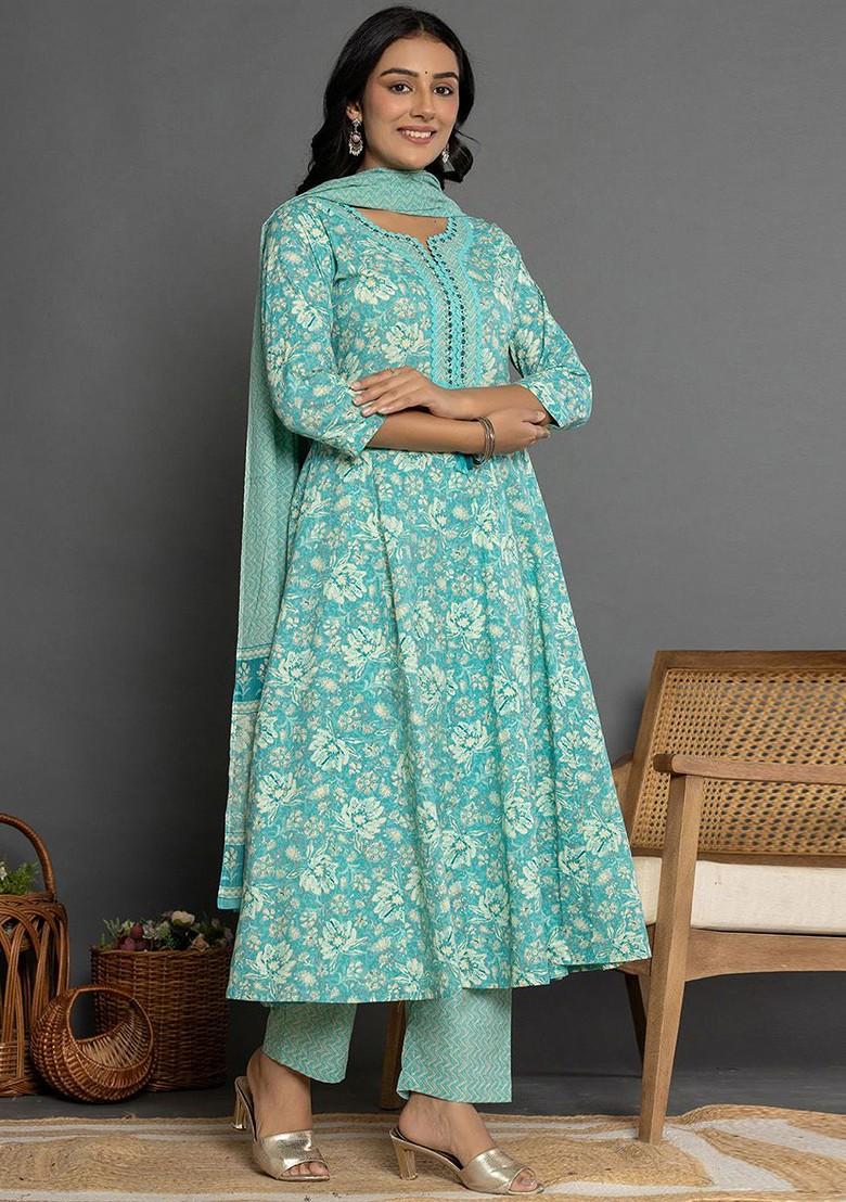 Blue Printed Cotton Kurta Set