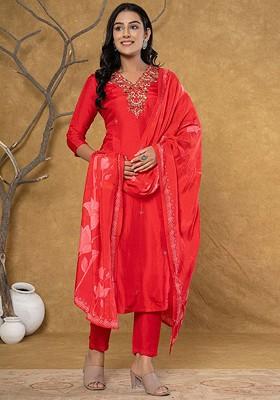 Red Embroidered Silk Kurta Set