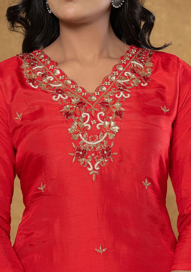 Red Embroidered Silk Kurta Set