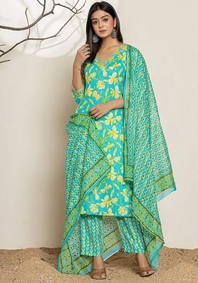 Green Embroidered Cotton Kurta Set
