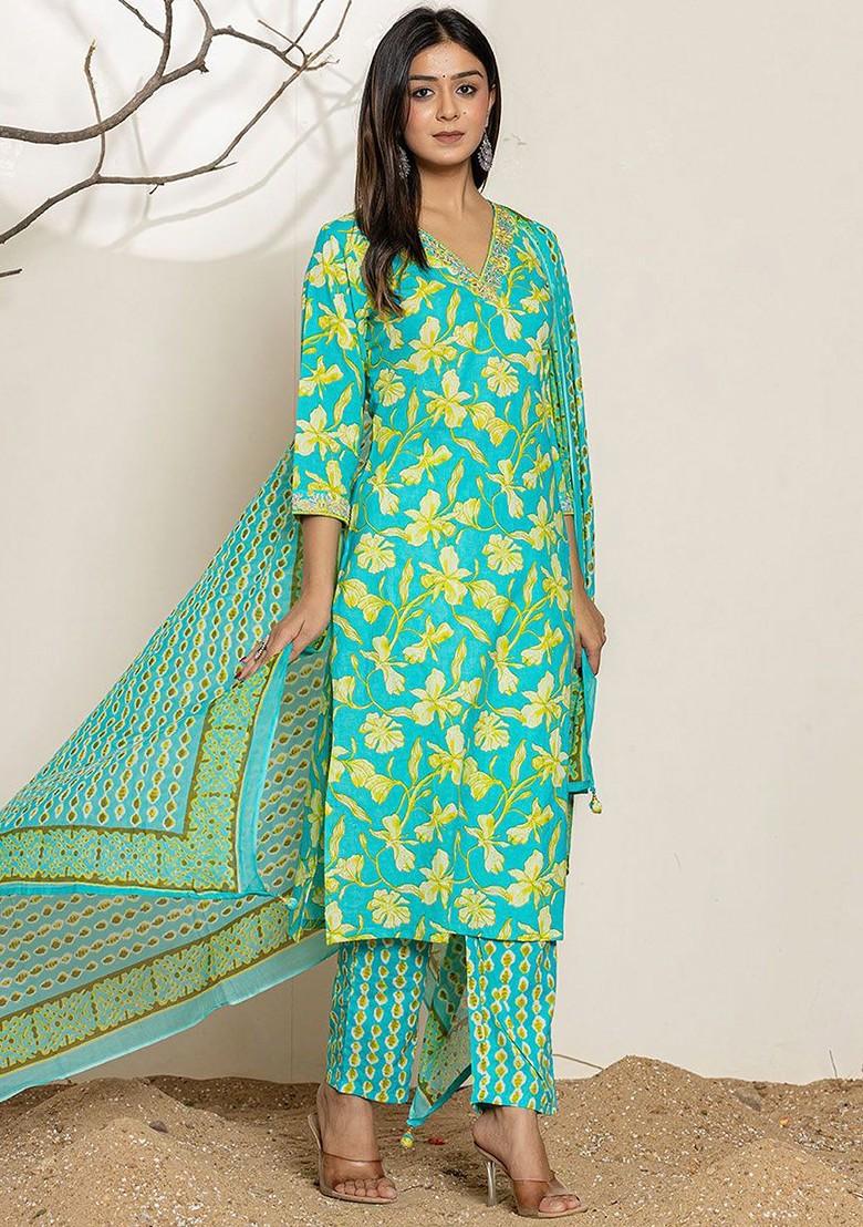 Green Embroidered Cotton Kurta Set