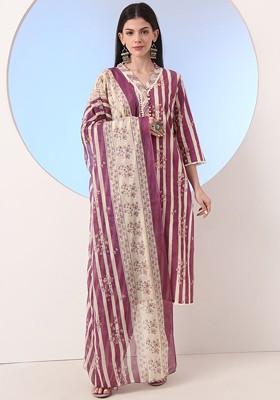 Maroon Embroidered Cotton Kurta Set