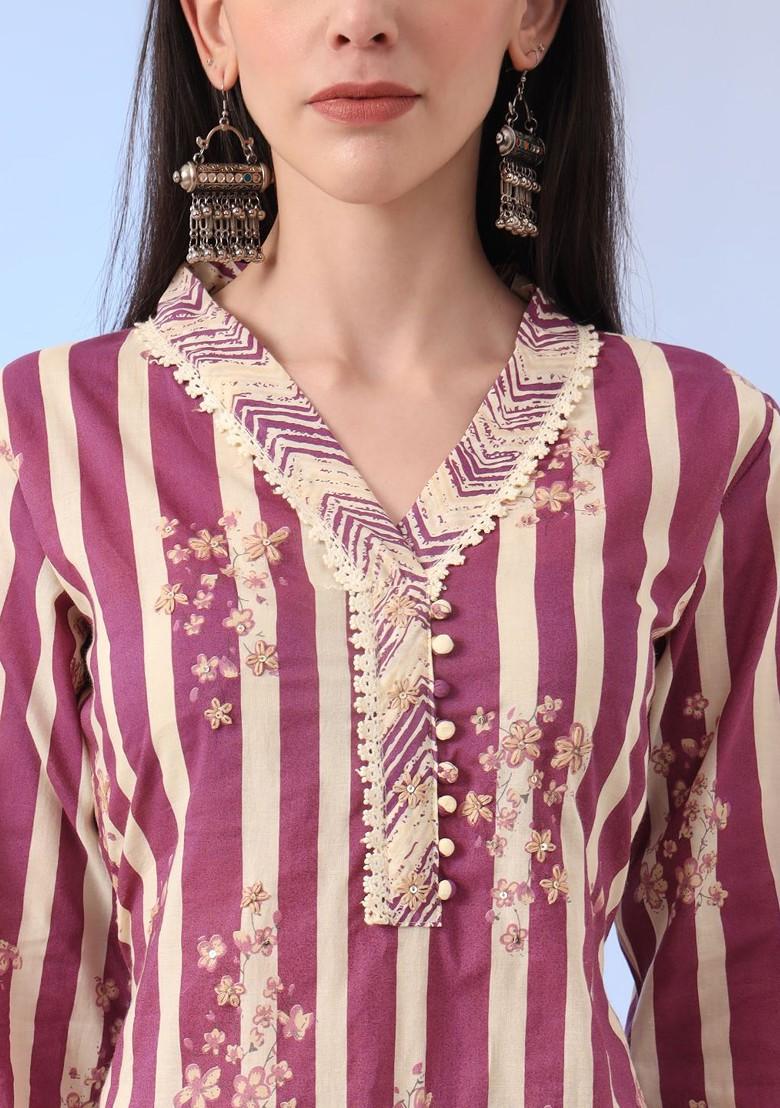 Maroon Embroidered Cotton Kurta Set