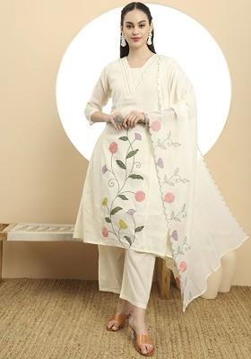Cream Embroidered Cotton Kurta Set