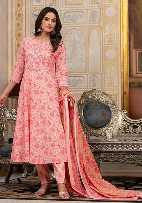 Peach Printed Cotton Kurta Set