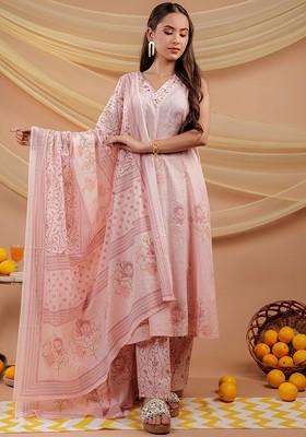 Pink Embroidered Cotton Kurta Set