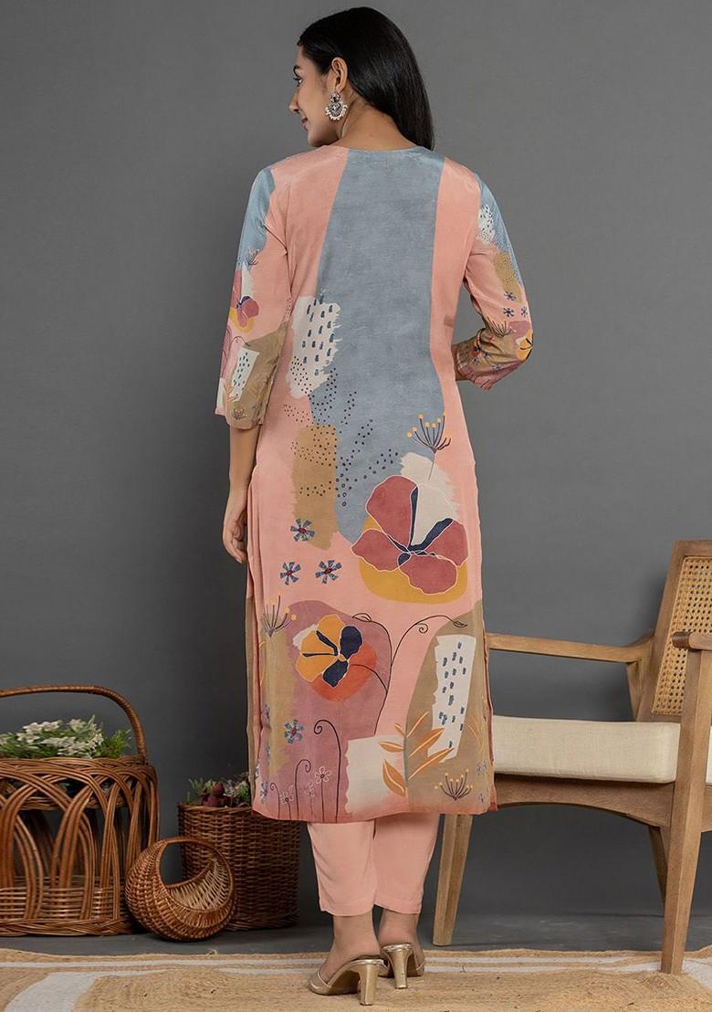 Peach Printed Silk Kurta Set