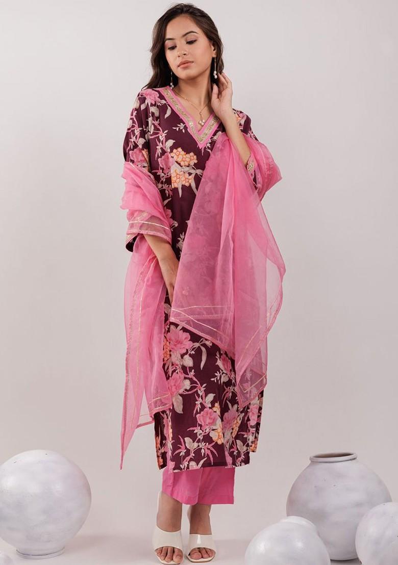 Maroon Printed Cotton Kurta Set