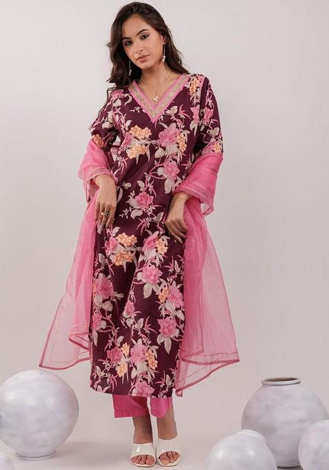 Maroon Printed Cotton Kurta Set