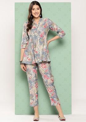 Grey Printed Poly Blend Co-Ord Set