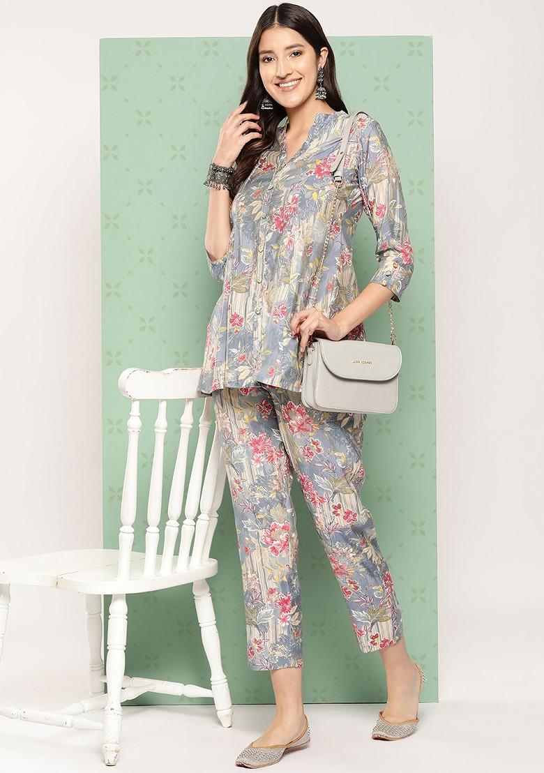 Grey Printed Poly Blend Co-Ord Set