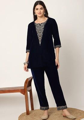 Blue Embroidered Poly Blend Co-Ord Set
