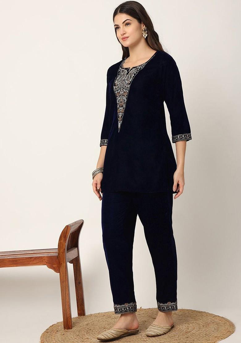 Blue Embroidered Poly Blend Co-Ord Set