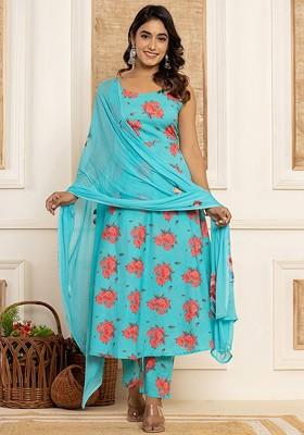 Blue Embroidered Cotton Kurta Set