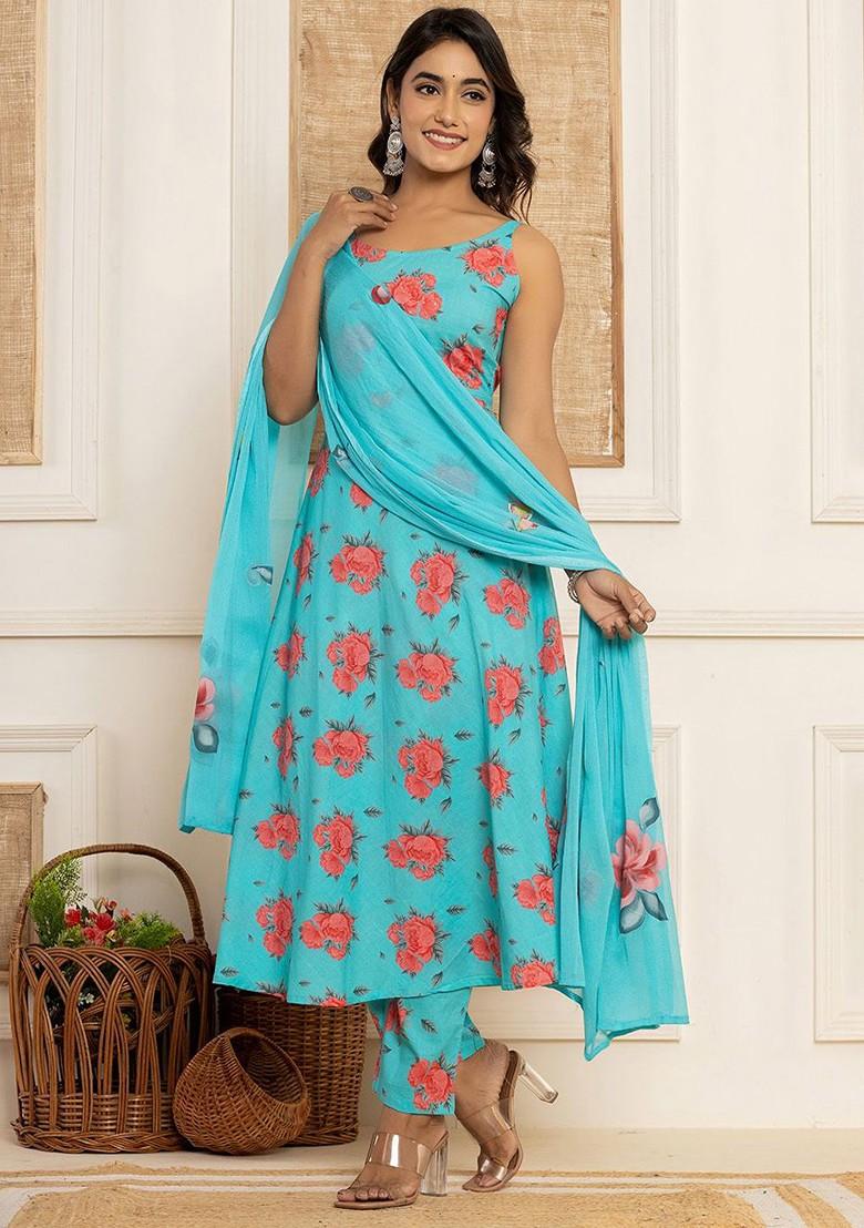 Blue Embroidered Cotton Kurta Set