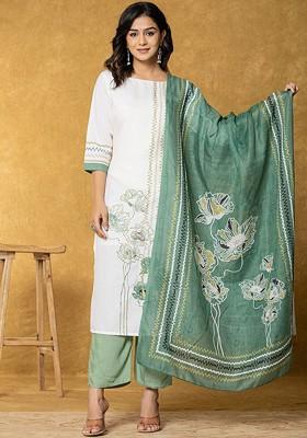 White Printed Linen Kurta Set