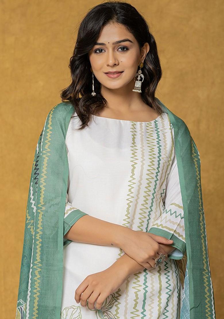White Printed Linen Kurta Set