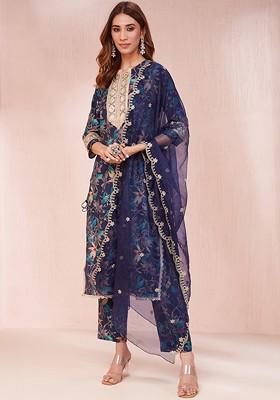 Blue Printed Poly Blend Kurta Set