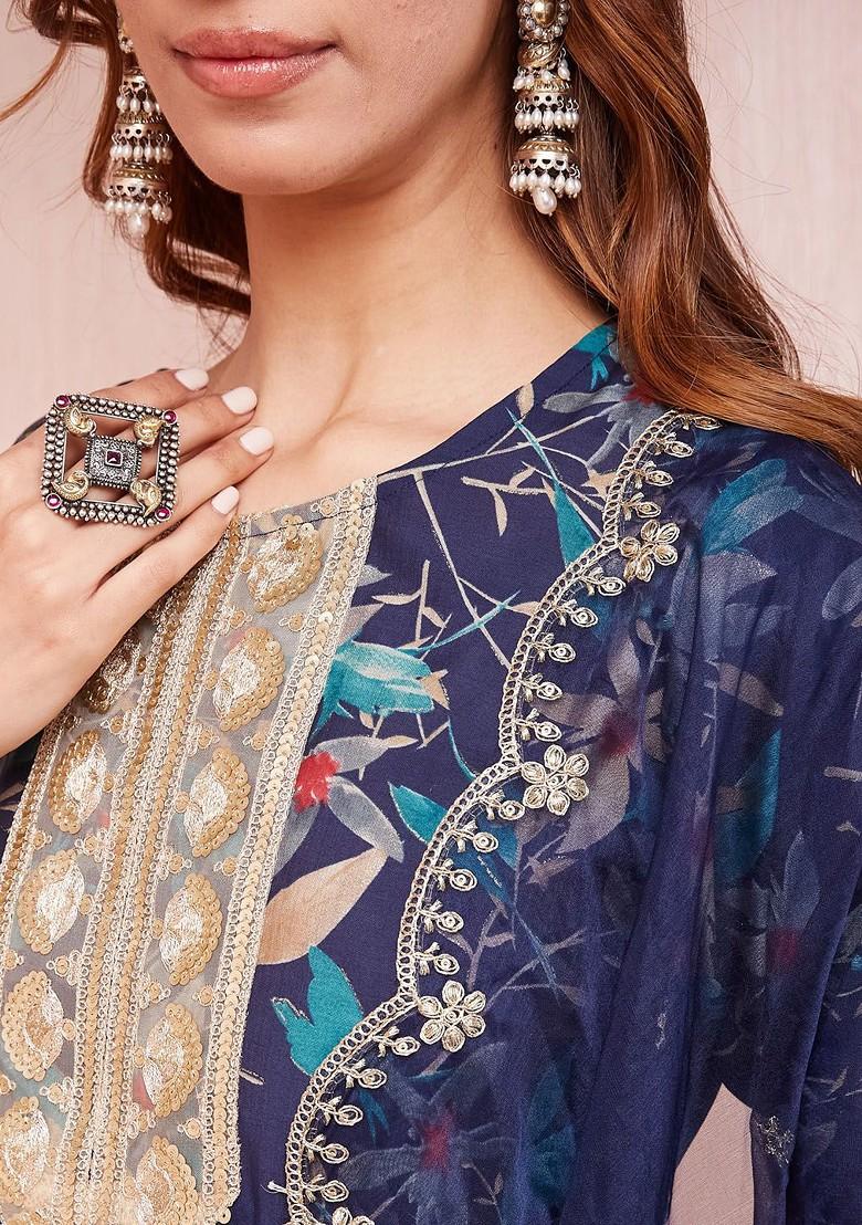 Blue Printed Poly Blend Kurta Set