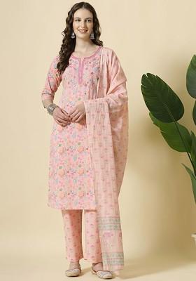 Pink Printed Cotton Kurta Set