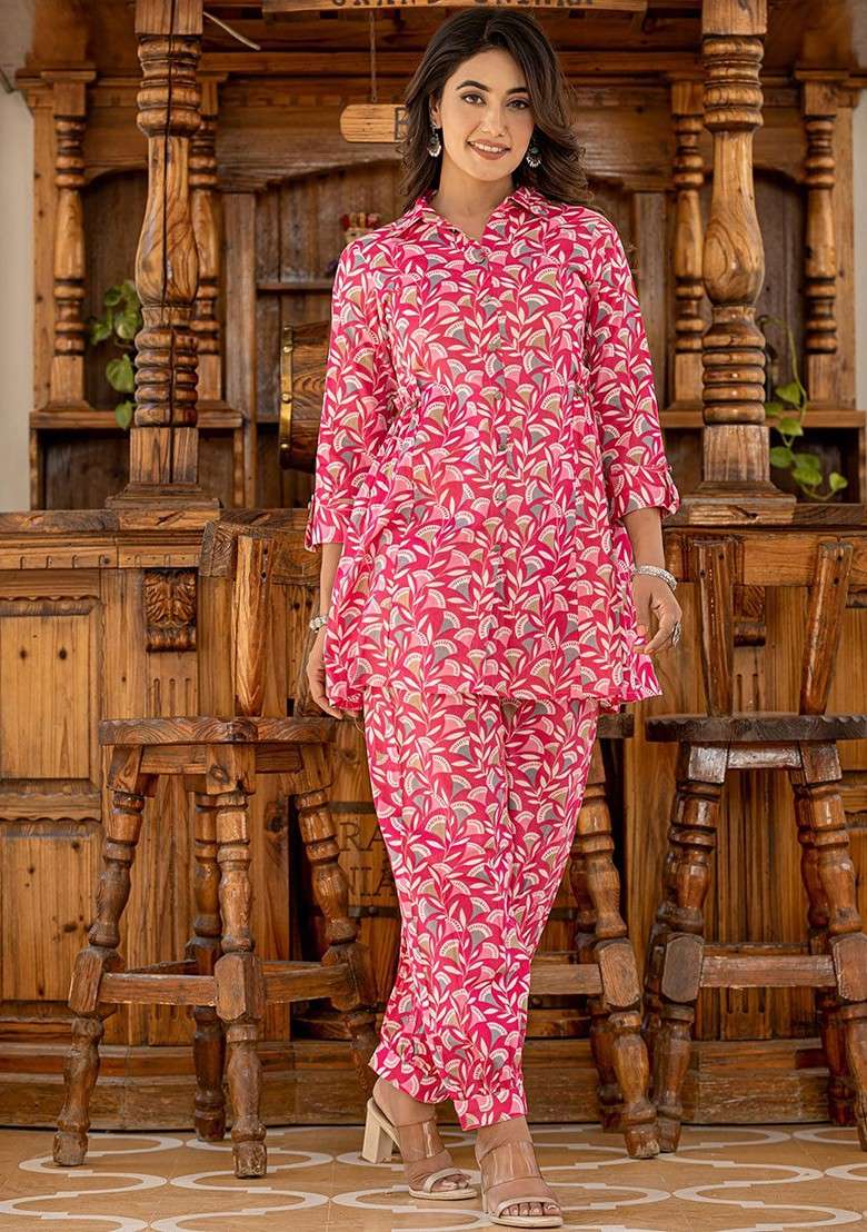 Pink Printed Cotton Co Ord Set - Indya