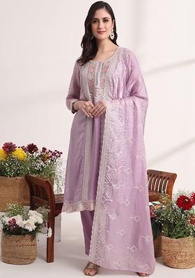 Purple Embroidered Poly Blend Kurta Set