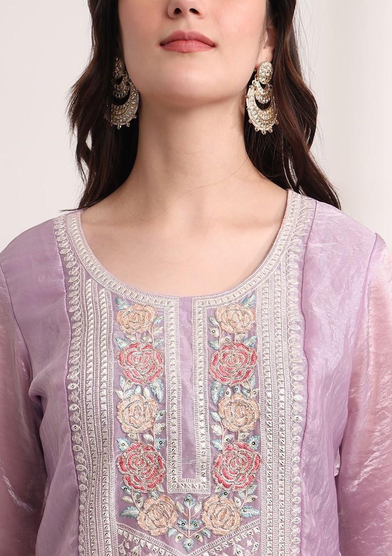 Purple Embroidered Poly Blend Kurta Set