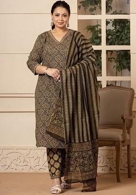 Olive Green Printed Cotton Kurta Set