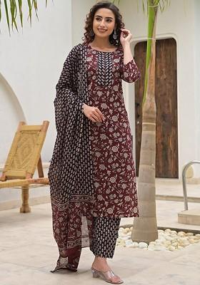 Maroon Printed Cotton Kurta Set